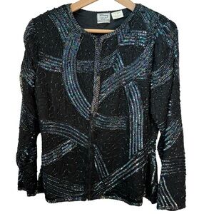 Stenay Vintage Beaded Sequins Silk Jacket Size Medium NWT Peacock Blue Black